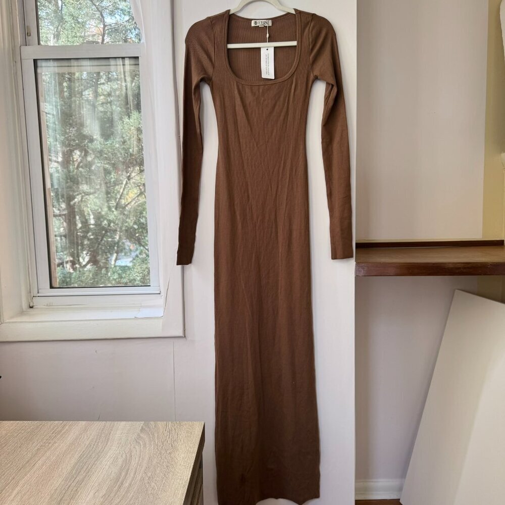 Eterne Square-Neck Long Sleeve Butter Rib Maxi Dress Earth Brown Small - Picture 8 of 11